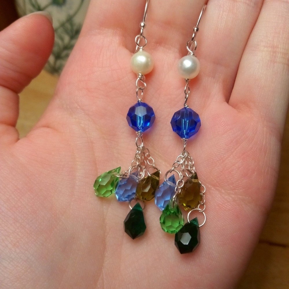 Long sterling earrings with pearl and crystals